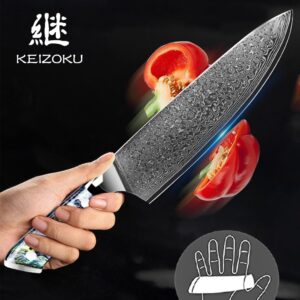 KEIZOKU Damascus Steel Chef Knife 8 Inch, Japanese Professional 10Cr15MOV Blade with Hand Forged Hammer Pattern, Ultra Sharp Kitchen Knife with Abalone Shell Ergonomic Handle