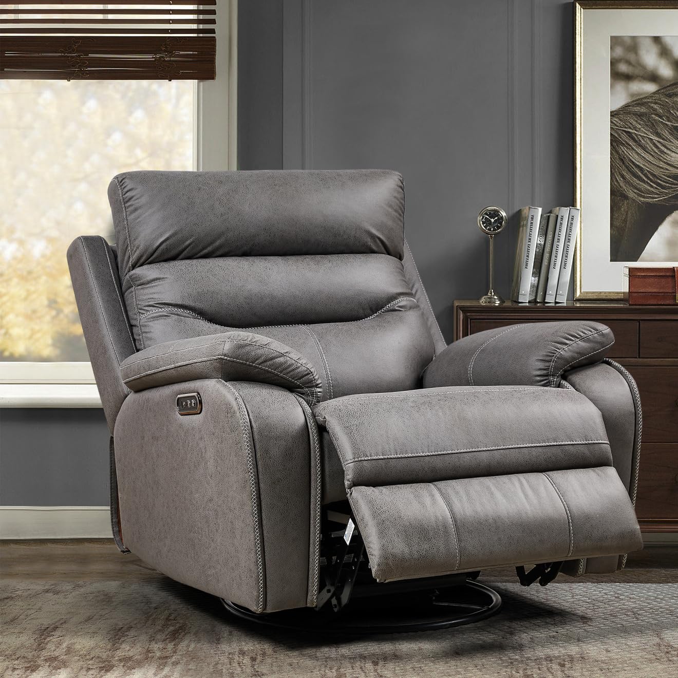 Oversized Power Recliner Chair for Adults with 24" Width Seat, 240 Degree Swivel Glider Rocker Rocking Chair with Adjustable Backrest and Charging Ports, Reclining Sofa Chair for Living Room, Gray