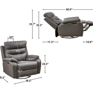 Oversized Power Recliner Chair for Adults with 24" Width Seat, 240 Degree Swivel Glider Rocker Rocking Chair with Adjustable Backrest and Charging Ports, Reclining Sofa Chair for Living Room, Gray