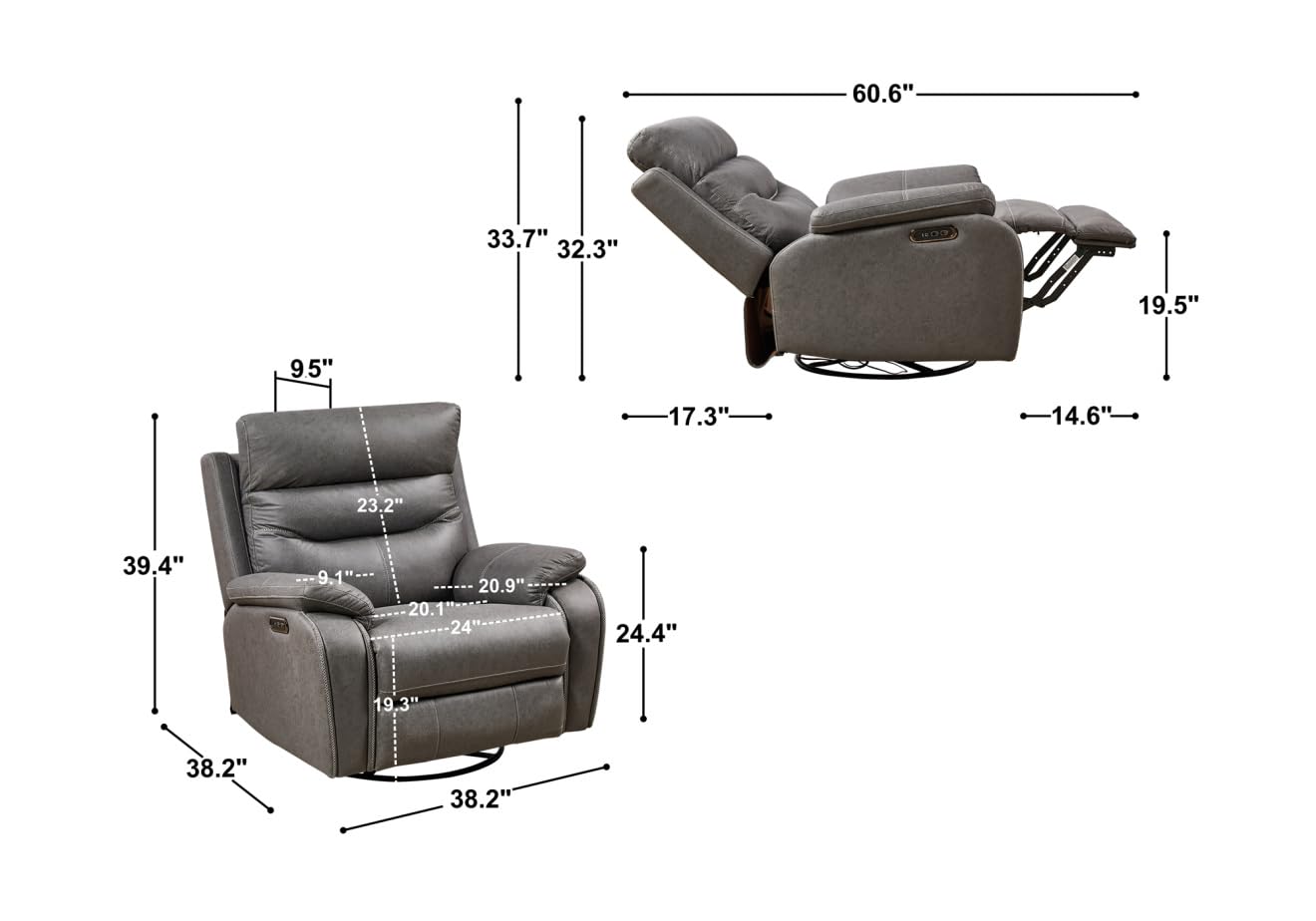 Oversized Power Recliner Chair for Adults with 24" Width Seat, 240 Degree Swivel Glider Rocker Rocking Chair with Adjustable Backrest and Charging Ports, Reclining Sofa Chair for Living Room, Gray