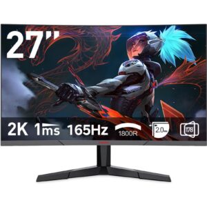 KOORUI 27 inch Gaming Monitor, 2K QHD 2560P 165Hz(Support 144hz) &1ms 1800R Curved Monitor 90% sRGB Color AMD Freesync,3 Sides Frameless,Tilt Adjustable,VESA Mountable