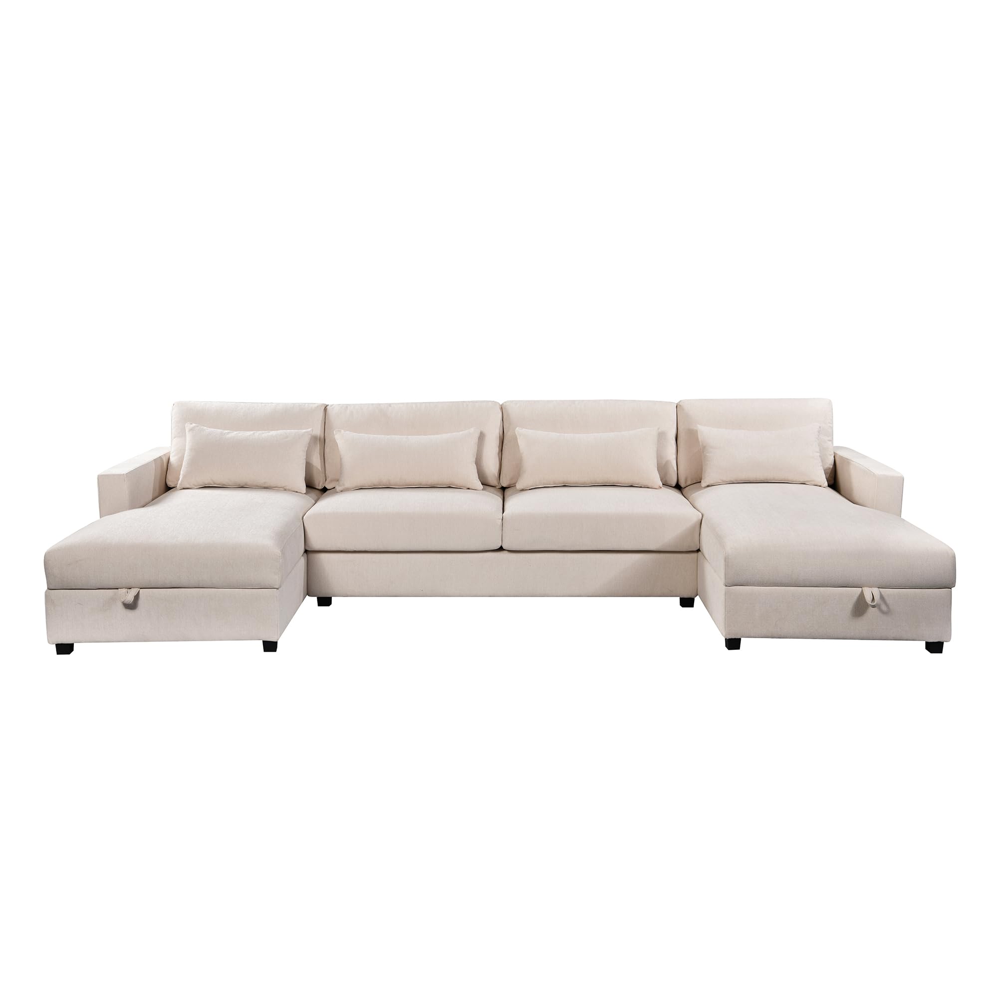 JULYFOX U Sectional Couch with 2 Storage Lounge Chaise, 128 inch Wider Sectional Sofa with 58 in Long Chaise Storage Box Underneath Thick Padded Seat Back Cushions Mid Century Modern,Beige