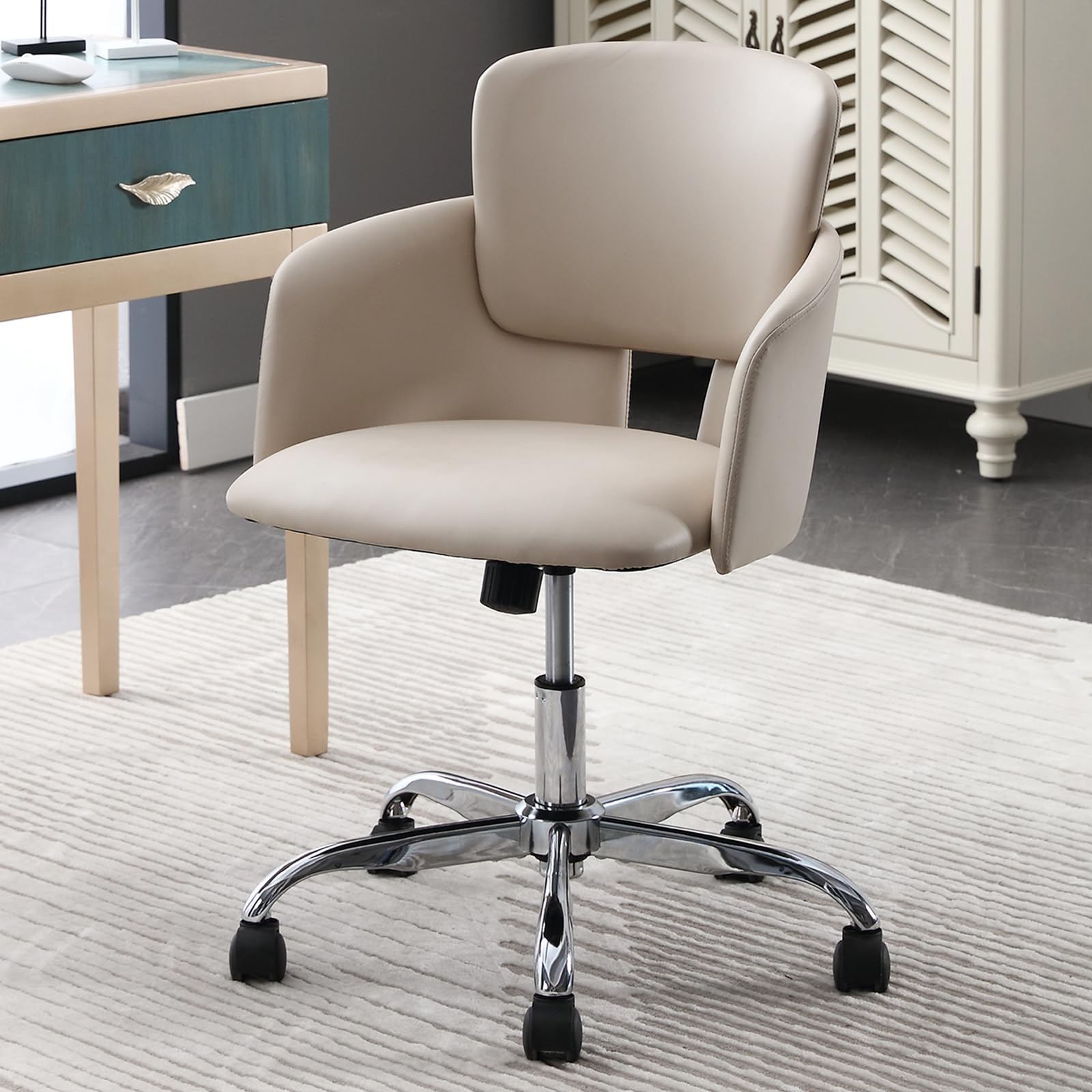 BERYTH Home Office Chair with Wheels, Adjustable Height PU Leather Ergonomic Computer Tilt Chair in Rocking Style, Modern Mid Back Swivel Vanity Task Chair for Office, Meeting, Study Room(Beige)