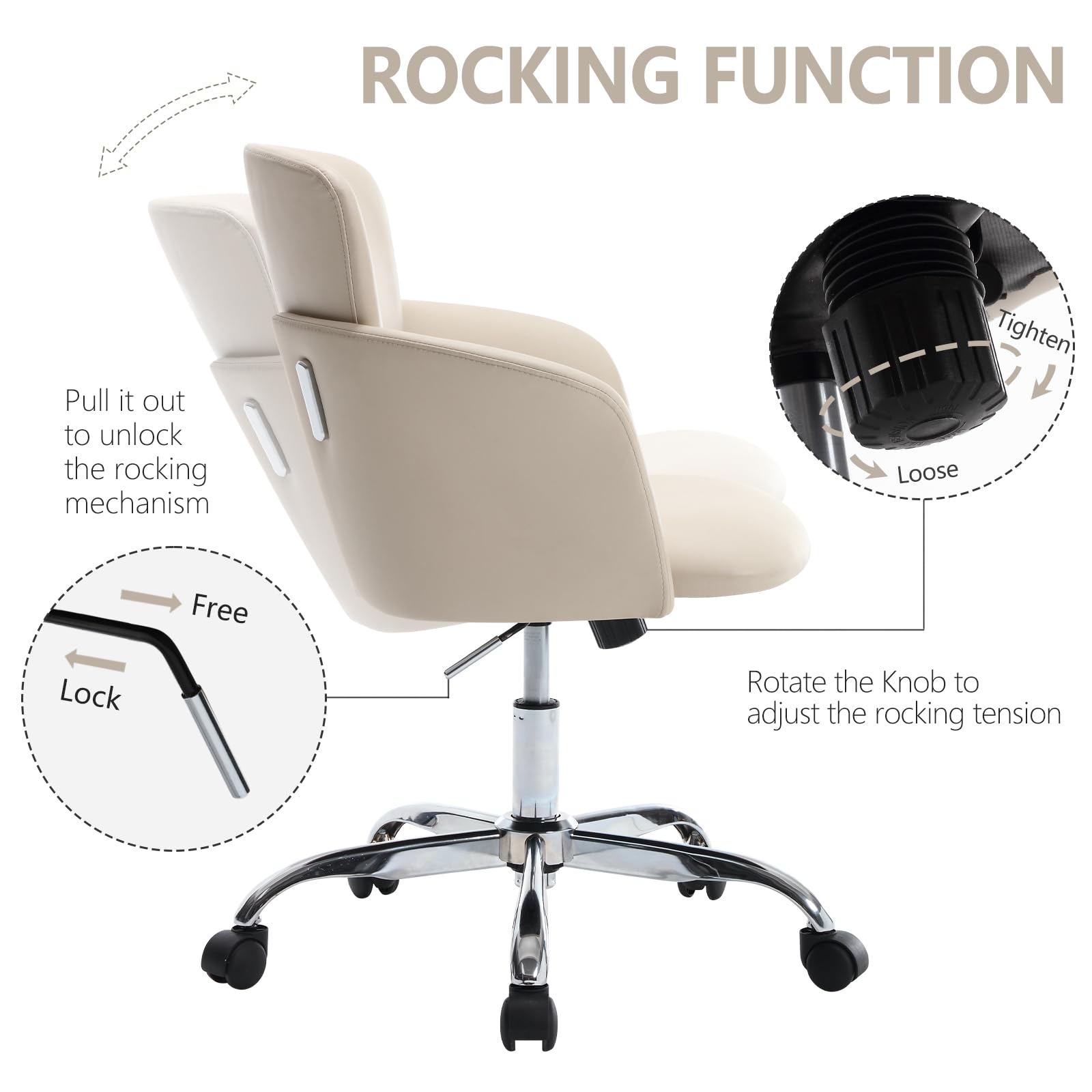 BERYTH Home Office Chair with Wheels, Adjustable Height PU Leather Ergonomic Computer Tilt Chair in Rocking Style, Modern Mid Back Swivel Vanity Task Chair for Office, Meeting, Study Room(Beige)