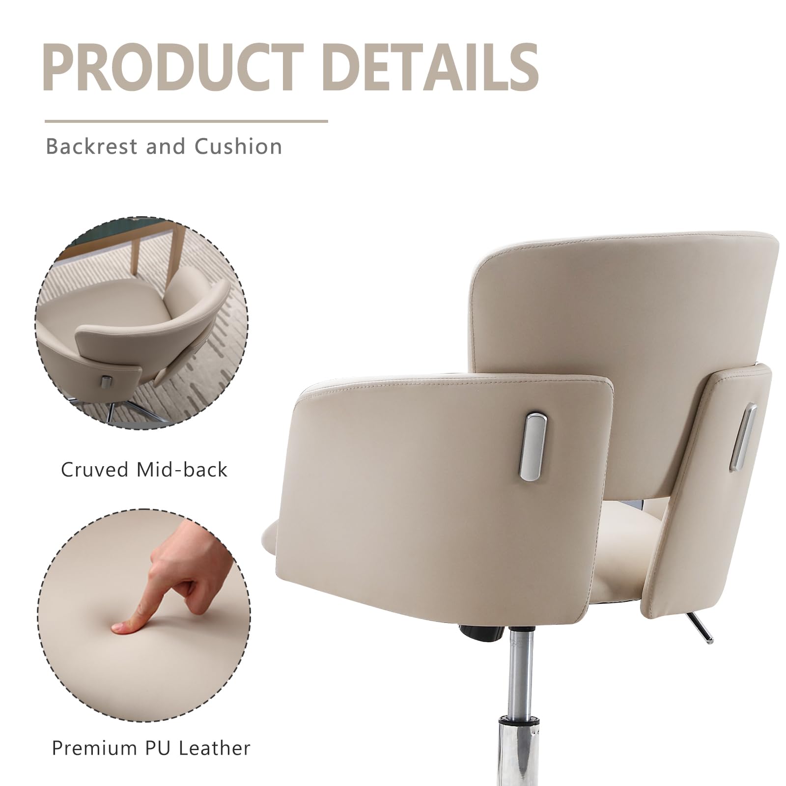 BERYTH Home Office Chair with Wheels, Adjustable Height PU Leather Ergonomic Computer Tilt Chair in Rocking Style, Modern Mid Back Swivel Vanity Task Chair for Office, Meeting, Study Room(Beige)