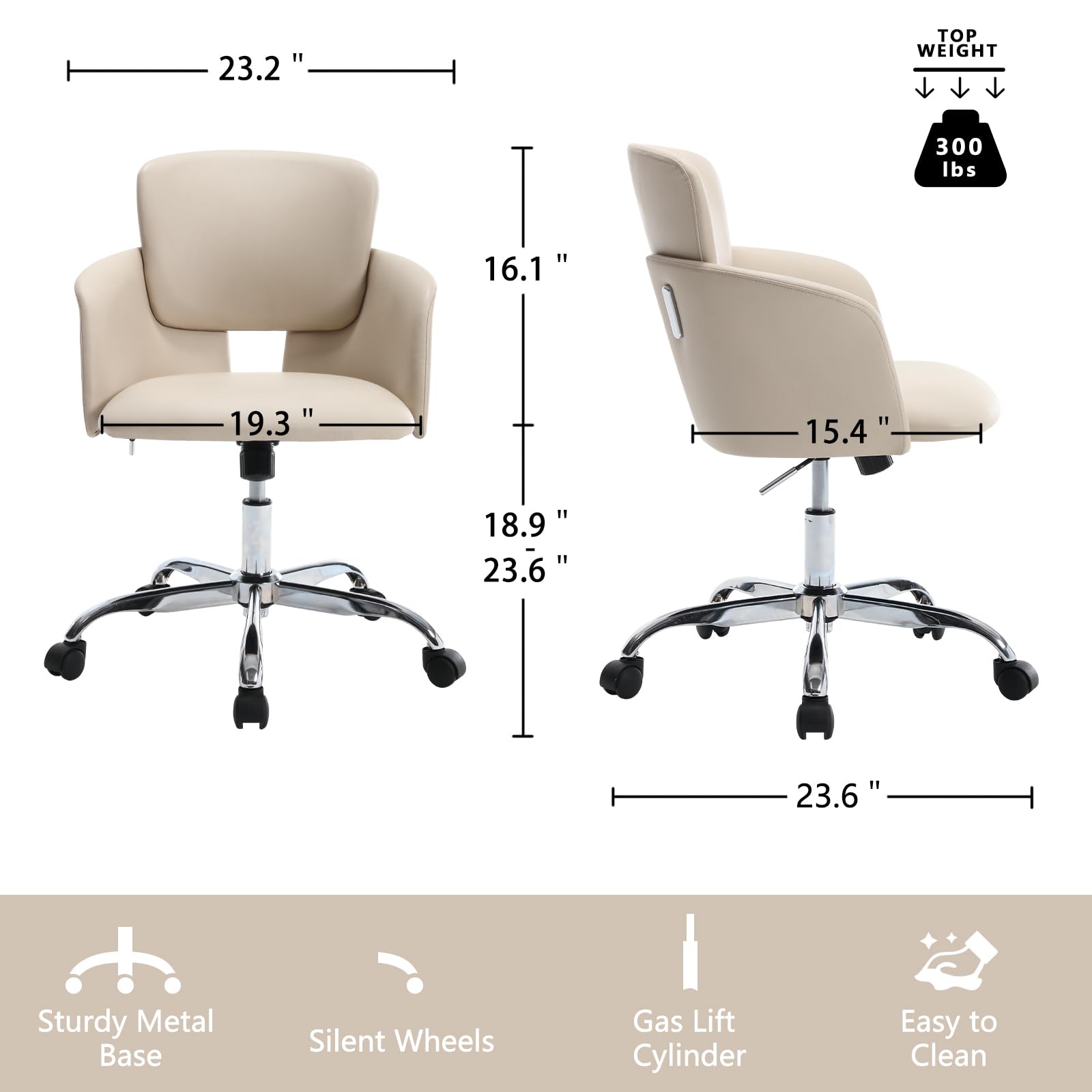 BERYTH Home Office Chair with Wheels, Adjustable Height PU Leather Ergonomic Computer Tilt Chair in Rocking Style, Modern Mid Back Swivel Vanity Task Chair for Office, Meeting, Study Room(Beige)