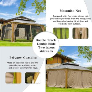 12x14Ft Hardtop Gazebo Wooden Coated Aluminum Frame Canopy Galvanized Steel Double Roof Outdoor Wood-Looking Permanent Metal Pavilion with Curtains and Netting for Patio Deck Lawn