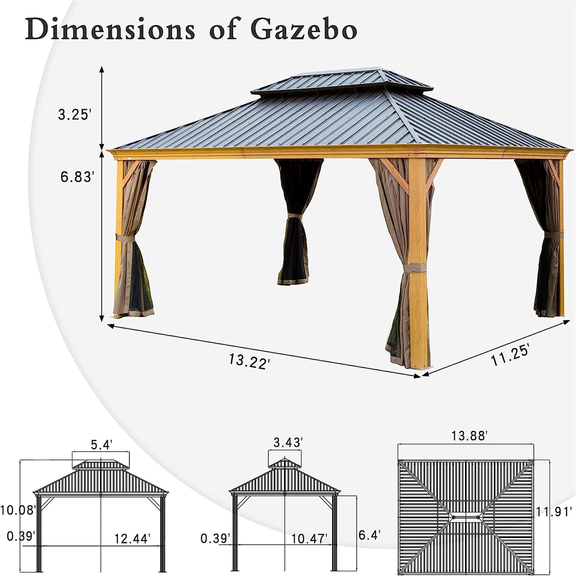 12x14Ft Hardtop Gazebo Wooden Coated Aluminum Frame Canopy Galvanized Steel Double Roof Outdoor Wood-Looking Permanent Metal Pavilion with Curtains and Netting for Patio Deck Lawn