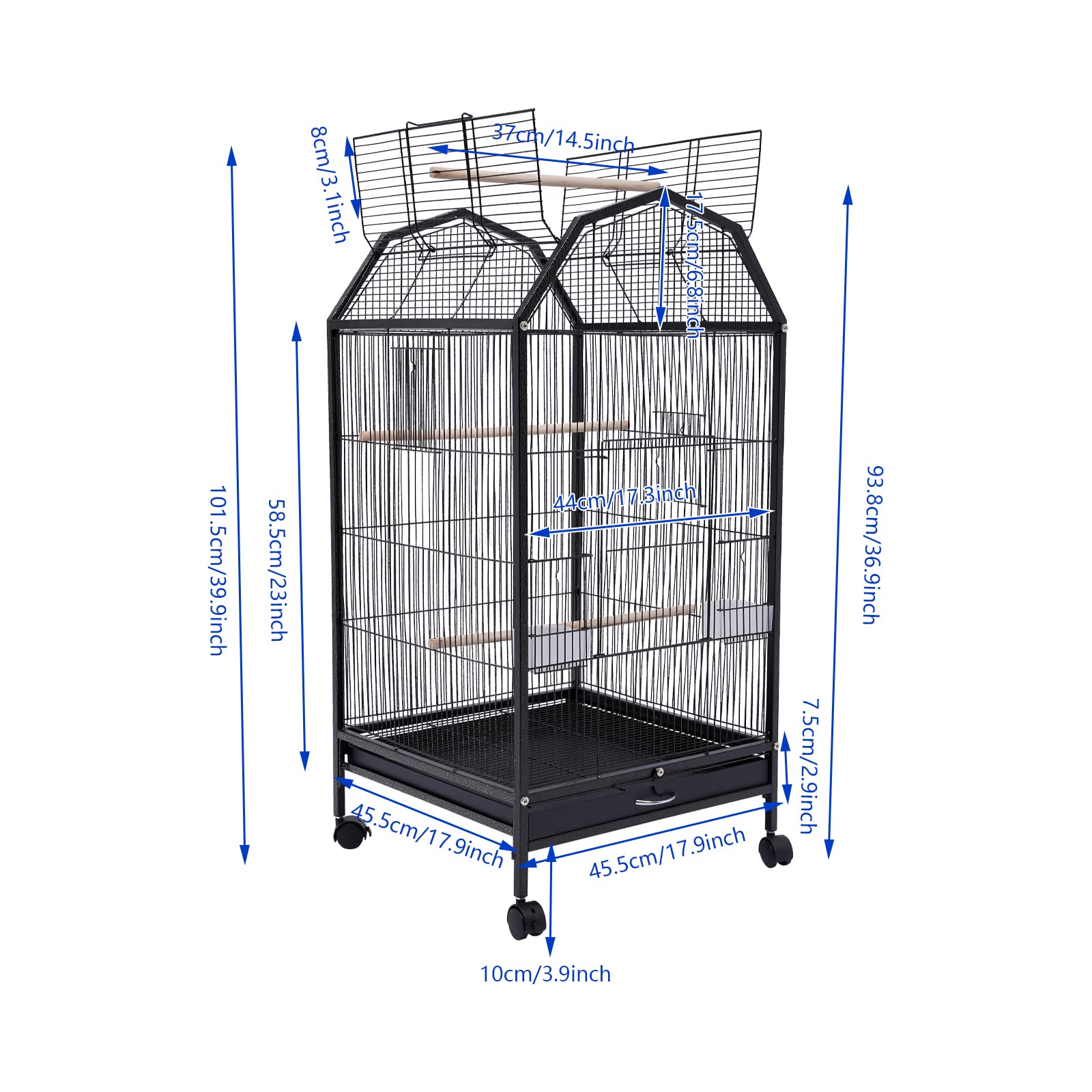 Bird Cage,Black Large Bird Cage with Rolling Stand,Large Pet Cage with Wheels,Cockatiel Parakeet Finch Parrot Birdcage 5 Door (17.9" L x 17.9" W x 39.9" H)