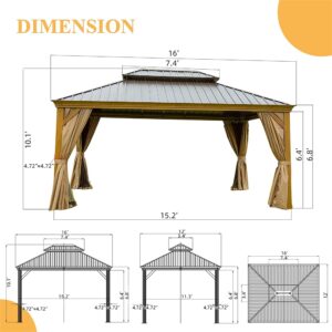 12x16Ft Hardtop Gazebo Wooden Coated Aluminum Frame Canopy Galvanized Steel Double Roof Outdoor Wood-Looking Permanent Metal Pavilion with Curtains and Netting for Patio Deck Lawn