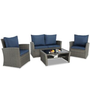 do4u 4 pieces patio furniture sets outdoor sectional wicker set outdoor conversation set patio set patio loveseats with coffee table porch, poolside, and yard (grey-blue)