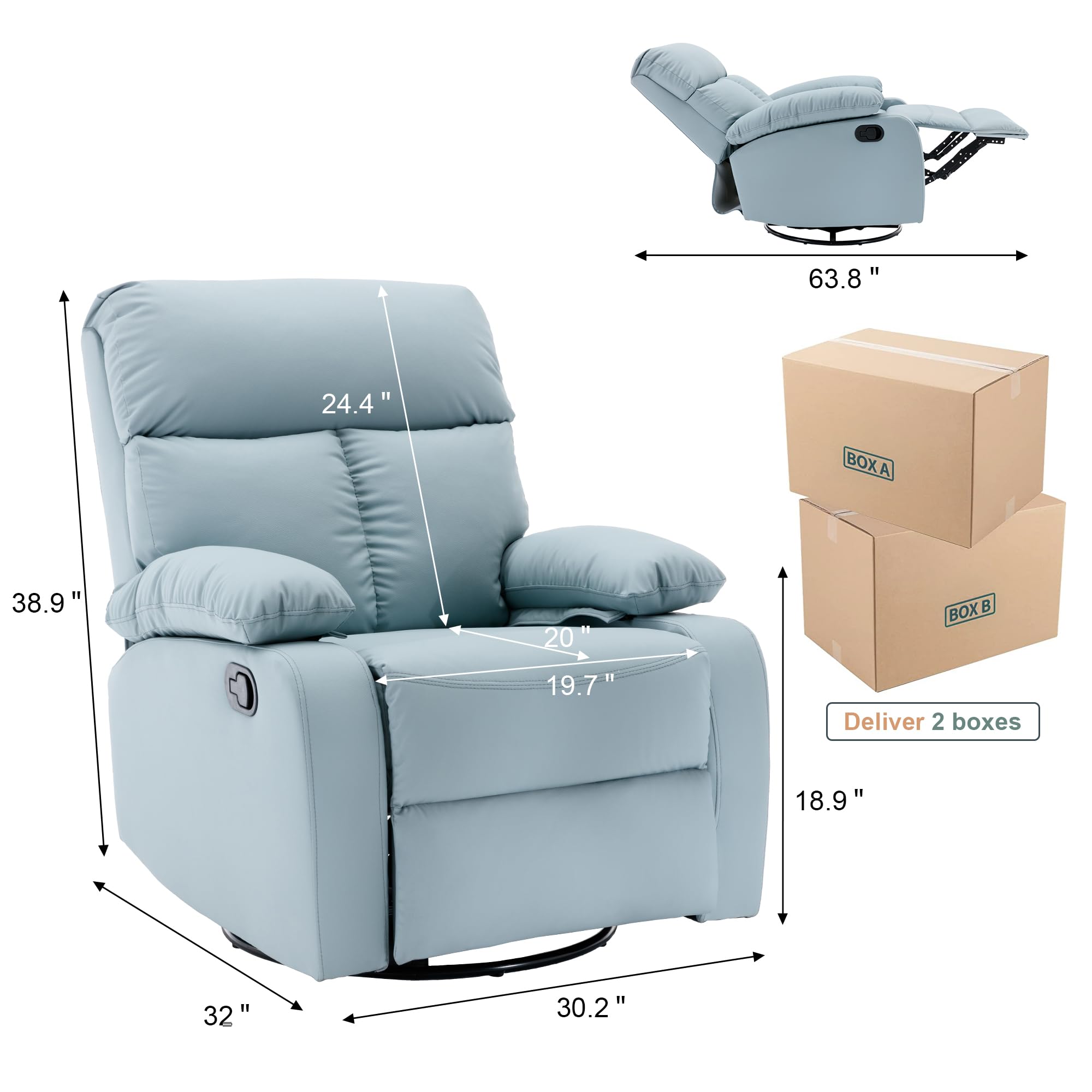 hzlagm Swivel Rocker Recliner,Rocking Recliner Chair with Adjustable Footrest for Small Spaces,Small Rocker Recliner Chair for Living Room,Bedroom,Nursery - Mint Blue