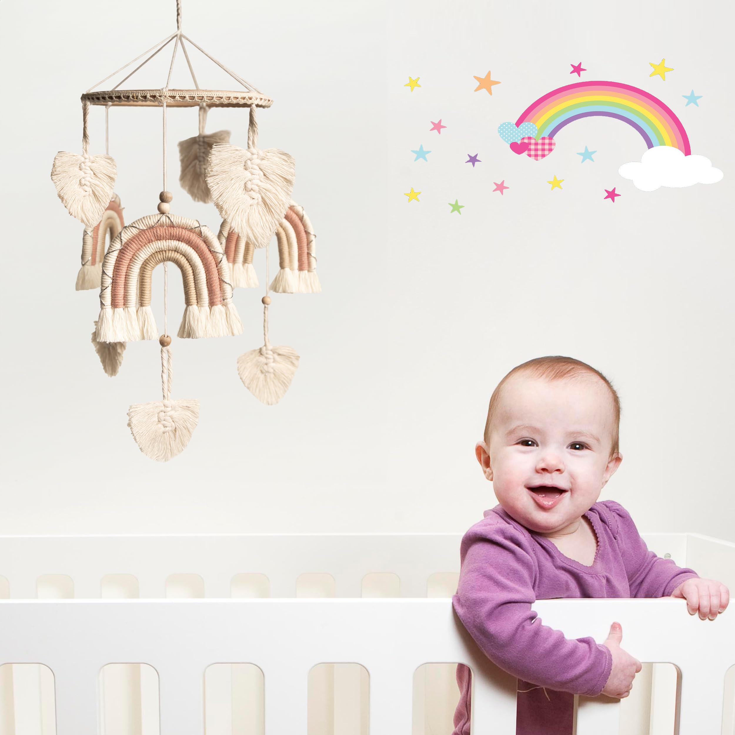 ELYESE Crib Mobile for Girls, Rainbow Baby Mobile, Handmade Mobile for Crib, Macrame Baby Mobile for Crib, Boho Baby Crib Mobile, Natural Crib Mobile (Pink)