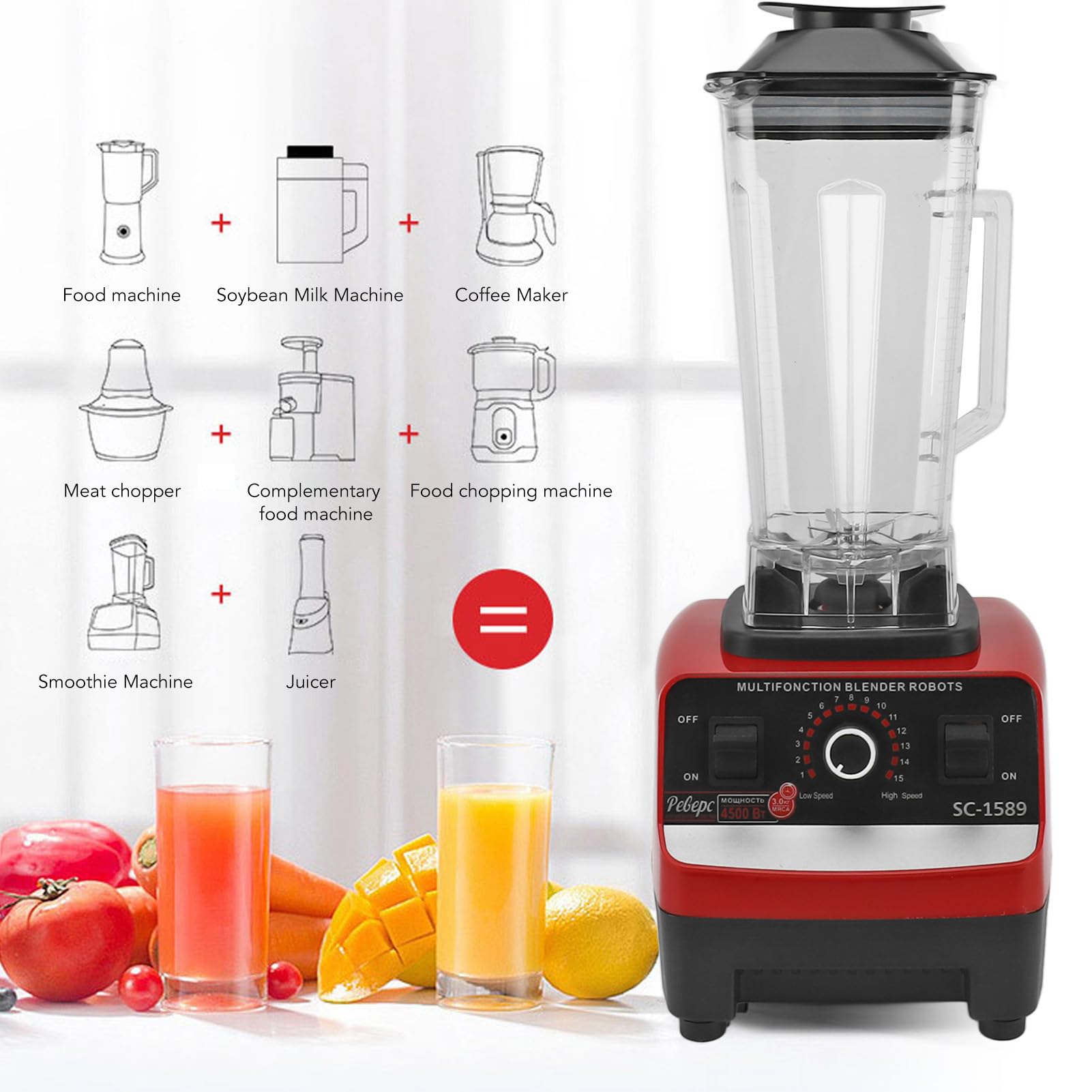 Portable Blender, 4500W Countertop Blender, Multi Function Food Processor with 6 Stainless Steel Blades 15 Speed Household Multi Function Food Processor for Meat Ice Fruit (US