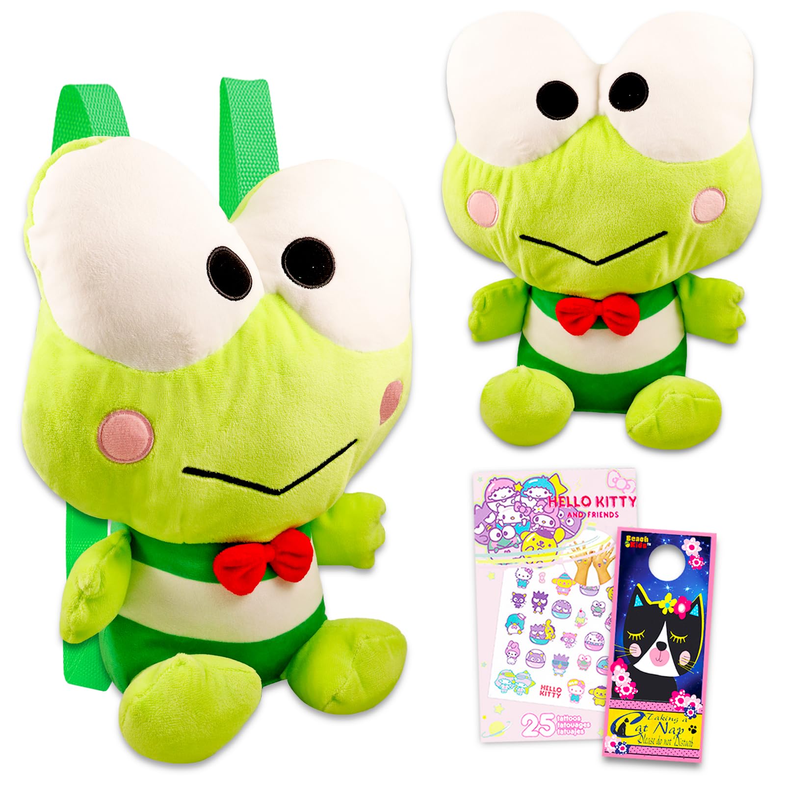 Hello Kitty and Friends Keroppi Plushie Set - Bundle with 14" Keroppi Plush Doll with Carrying Straps Plus Temporary Tattoos and More | Hello Kitty and Friends Gifts