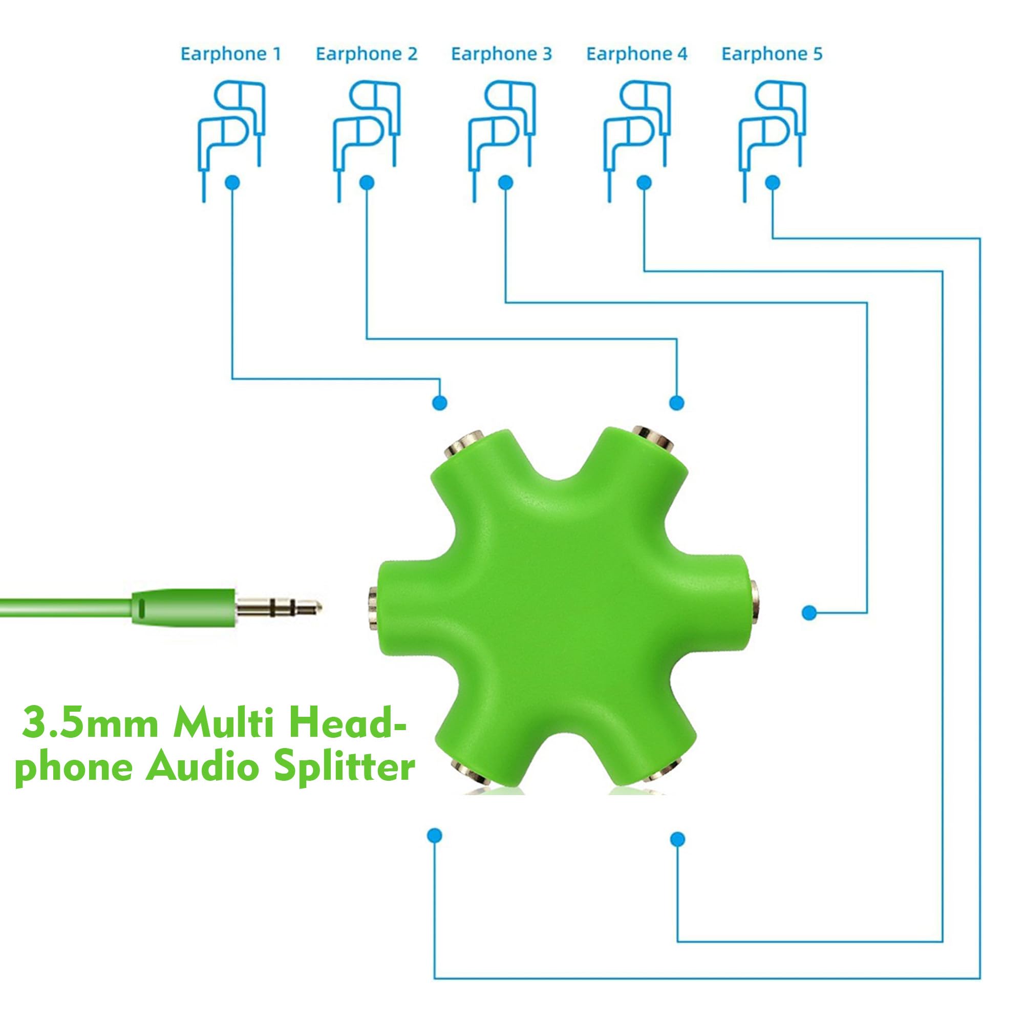 DCNETWORK Headphone Splitter, 5-Jack 3.5 mm Audio Headphone Splitter Stereo Audio Headset Adapter, Audio Earbuds Earphones Plug 5 Way 1 Male to 4 Female Splitter with 3.5mm Stereo Cable green