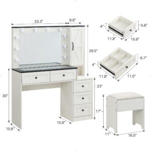 JXQTLINGMU Farmhouse Vanity Makeup Desk with Charging Station, 43" W Vanity Desk with Lights Mirror and Drawers for Makeup, Big Modern Vanity Table Set with Vanity Stool for Bedroom, White