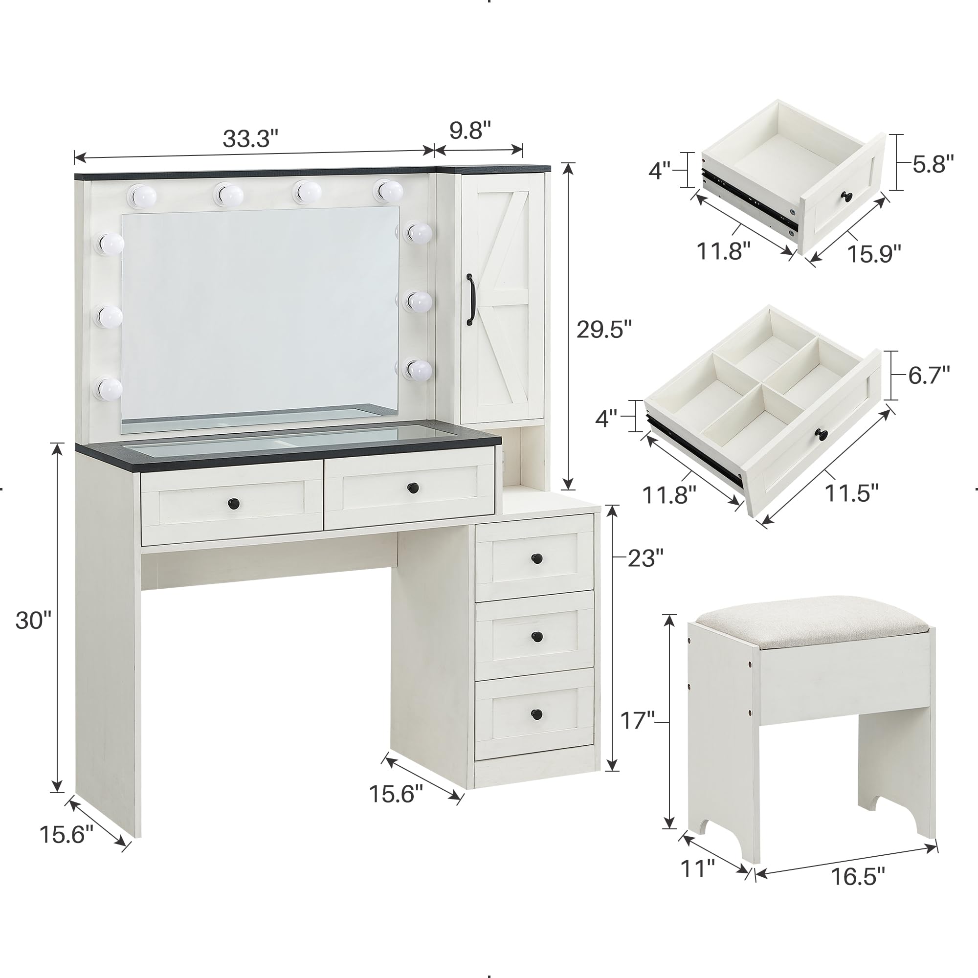 JXQTLINGMU Farmhouse Vanity Makeup Desk with Charging Station, 43" W Vanity Desk with Lights Mirror and Drawers for Makeup, Big Modern Vanity Table Set with Vanity Stool for Bedroom, White