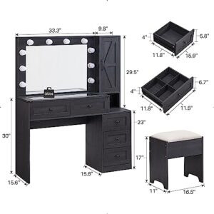 JXQTLINGMU Farmhouse Vanity Makeup Desk with Charging Station, 43" W Vanity Desk with Lights Mirror and Drawers for Makeup, Big Modern Vanity Table Set with Vanity Stool for Bedroom, Black