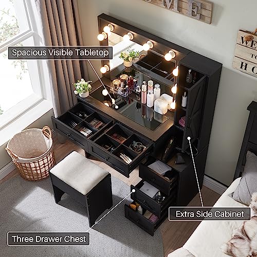 JXQTLINGMU Farmhouse Vanity Makeup Desk with Charging Station, 43" W Vanity Desk with Lights Mirror and Drawers for Makeup, Big Modern Vanity Table Set with Vanity Stool for Bedroom, Black