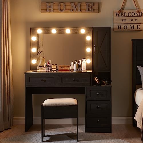 JXQTLINGMU Farmhouse Vanity Makeup Desk with Charging Station, 43" W Vanity Desk with Lights Mirror and Drawers for Makeup, Big Modern Vanity Table Set with Vanity Stool for Bedroom, Black