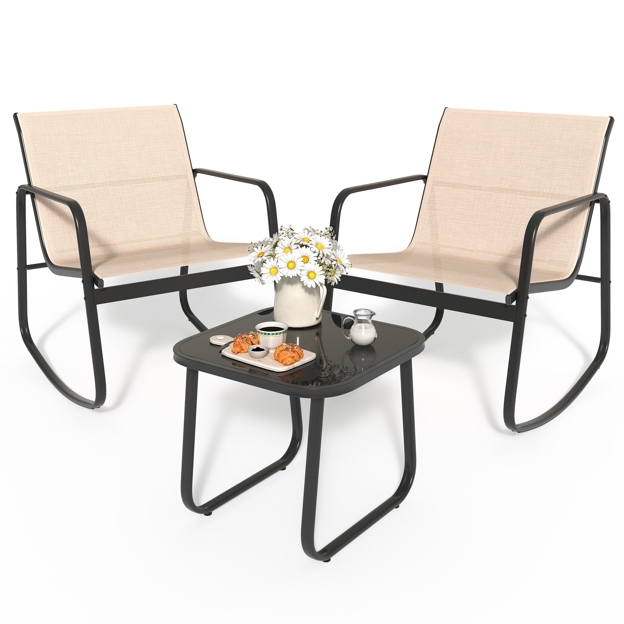 YITAHOME 3 Piece Patio Furniture Set with Rocking Bistro Chairs and Glass Table, Textilene Fabric Small Outdoor Conversation Furniture Set for Backyard, Lawn, Garden, Balcony, Poolside (Brown)