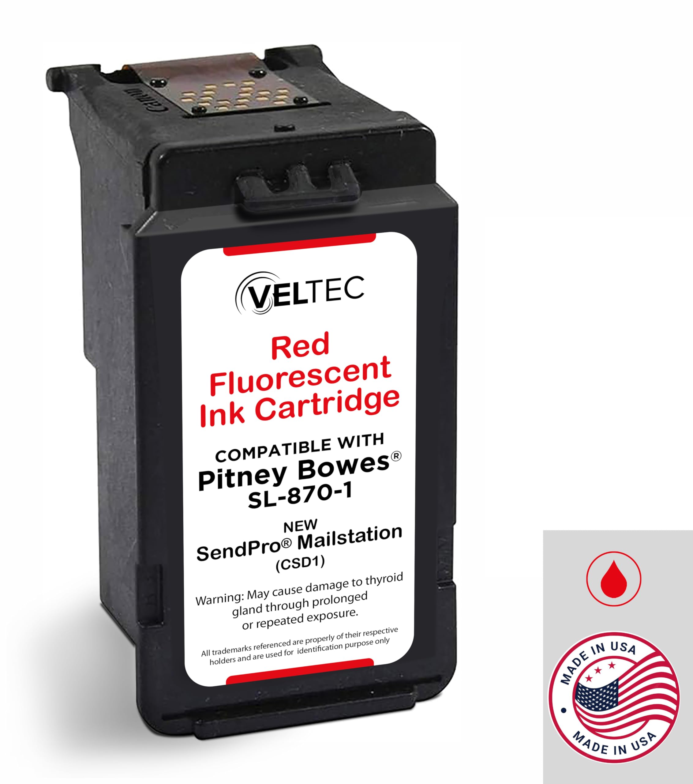 Veltec Made in USA Premium Postage Ink Cartridge Replacement for Pitney Bowes SL-870-1 for New SendPro Mailstation (CSD1) (Fluorescent Red, 1 Pack)