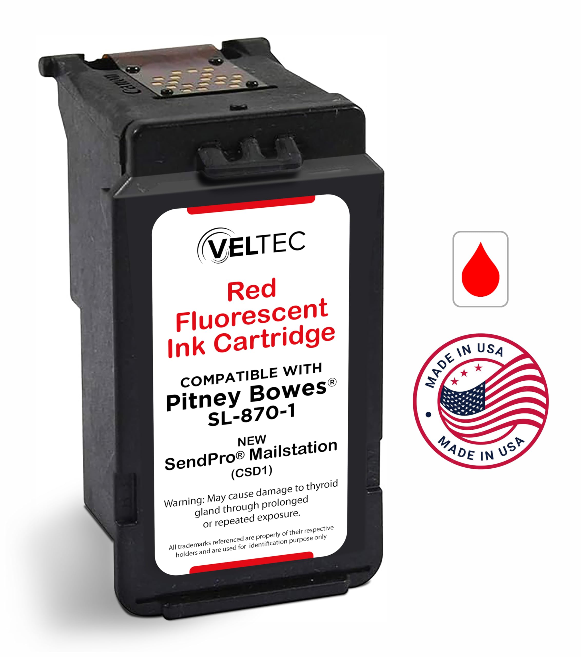 Veltec Made in USA Premium Postage Ink Cartridge Replacement for Pitney Bowes SL-870-1 for New SendPro Mailstation (CSD1) (Fluorescent Red, 1 Pack)