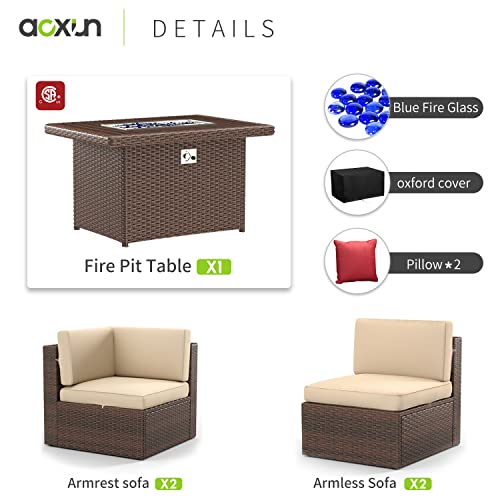 Aoxun 5 PCS Patio Furniture Set with 40" Fire Pit Table Outdoor Sectional Sofa Set Wicker Furniture Set for Children, Girls and People in Small Size, Brown