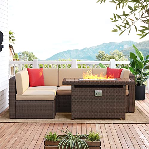 Aoxun 5 PCS Patio Furniture Set with 40" Fire Pit Table Outdoor Sectional Sofa Set Wicker Furniture Set for Children, Girls and People in Small Size, Brown