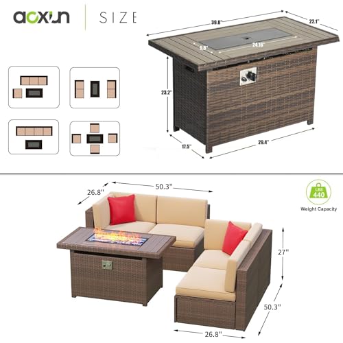 Aoxun 5 PCS Patio Furniture Set with 40" Fire Pit Table Outdoor Sectional Sofa Set Wicker Furniture Set for Children, Girls and People in Small Size, Brown