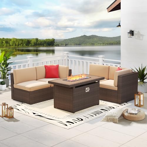 Aoxun 5 PCS Patio Furniture Set with 40" Fire Pit Table Outdoor Sectional Sofa Set Wicker Furniture Set for Children, Girls and People in Small Size, Brown