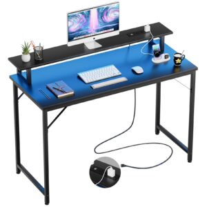 isunirm 47 inch computer desk with power outlets, gaming desk with led lights, home office work desk with monitor shelf, modern office desk study writing table for small spaces, black