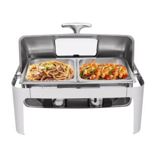 banlicali 2 pan chafing dish, stainless steel roll top chafing dish buffet set, 9l/9.5qt commercial chafer chafers catering rolling buffet servers with warmers for party hotels silver 400w 110v