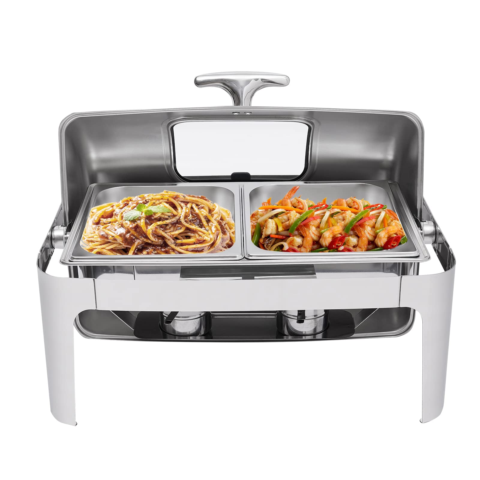 BANLICALI 2 Pan Chafing Dish, Stainless Steel Roll Top Chafing Dish Buffet Set, 9L/9.5QT Commercial Chafer Chafers Catering Rolling Buffet Servers with Warmers for Party Hotels Silver 400W 110V