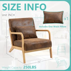 Dolonm Modern Accent Chair with Wood Frame, Crazy Horse PU Leather Chair with Waist Cushion, Armchair for Living Room, Bedroom, Game Room, Home Office or Lounge, Brown PU