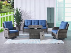 hummuh patio furniture with fire pit 4 pieces wicker outdoor sectional couch with patio swivel rocking chairs,propane fire pit conversation set for patio garden,backyard,deck