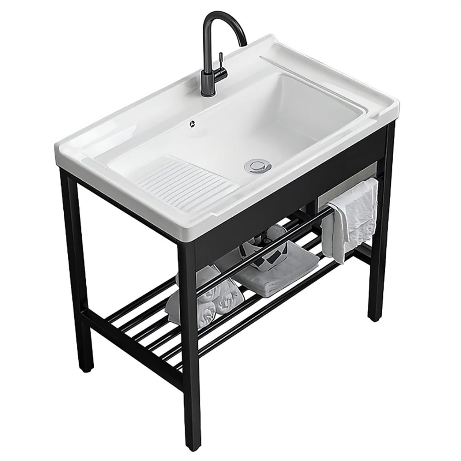 Laundry Sink with Washboard，Pedestal Sinks with Stainless Steel Bracket Ceramic Basin，Freestanding Utility Laundry Tub/Washbasin for Bathrooms Garage Basement Hotel Restaurant Room ( Size : 60*48cm )