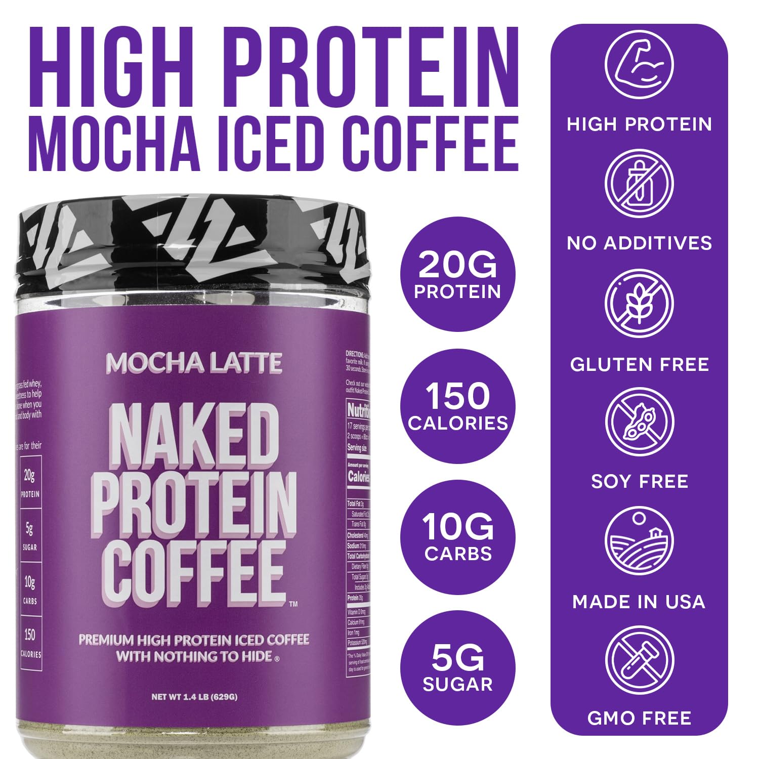 NAKED Mocha Latte Protein Coffee - Premium Instant Coffee - Protein Shake, Iced Coffee, Protein Drinks, Delicious Keto Friendly and Gluten Free, 17 Servings