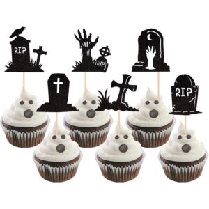 36 pcs halloween tombstone cupcake toppers glitter rip cemetery graves zombie cross cupcake picks for halloween theme birthday party cake decorations supplies