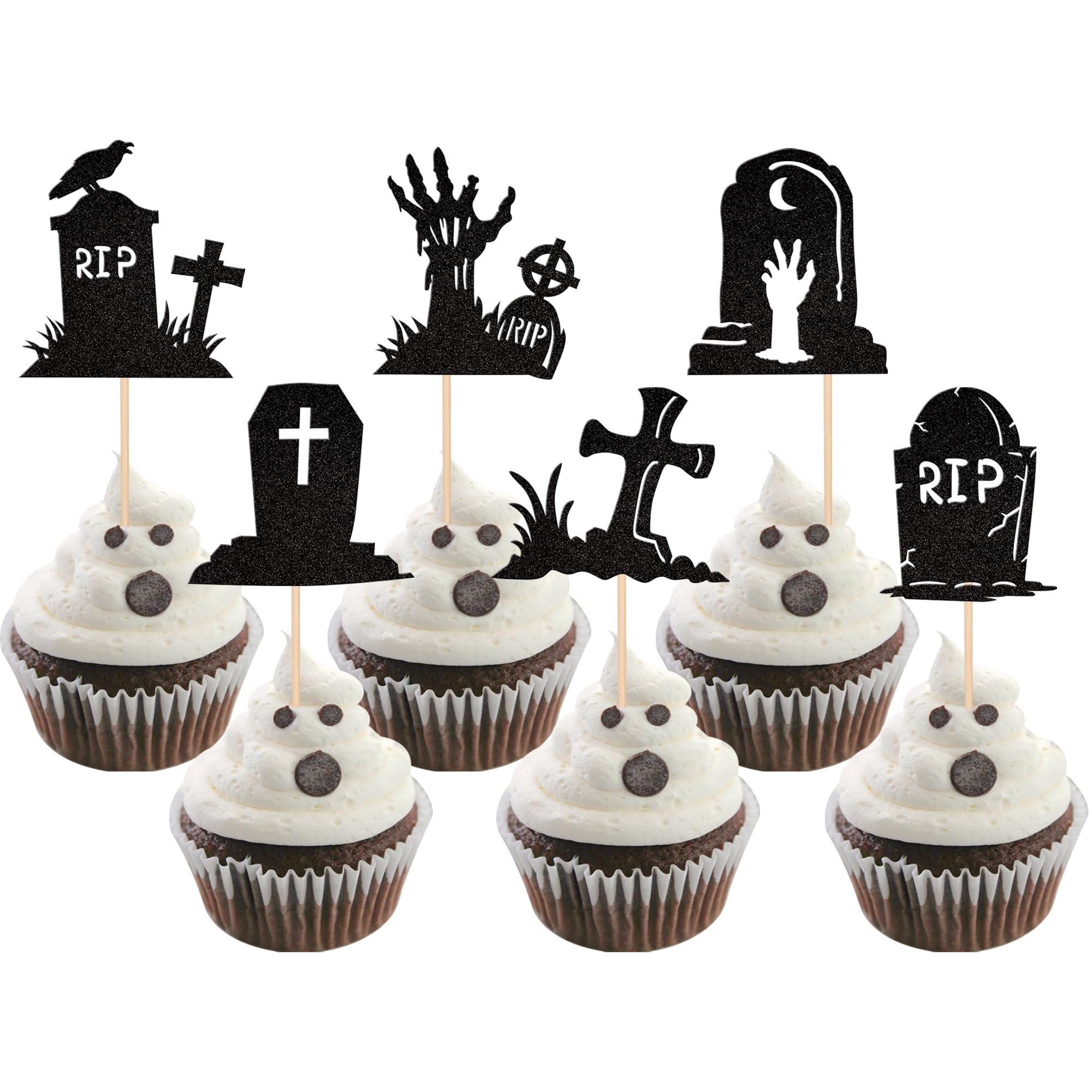 36 PCS Halloween Tombstone Cupcake Toppers Glitter RIP Cemetery Graves Zombie Cross Cupcake Picks for Halloween Theme Birthday Party Cake Decorations Supplies