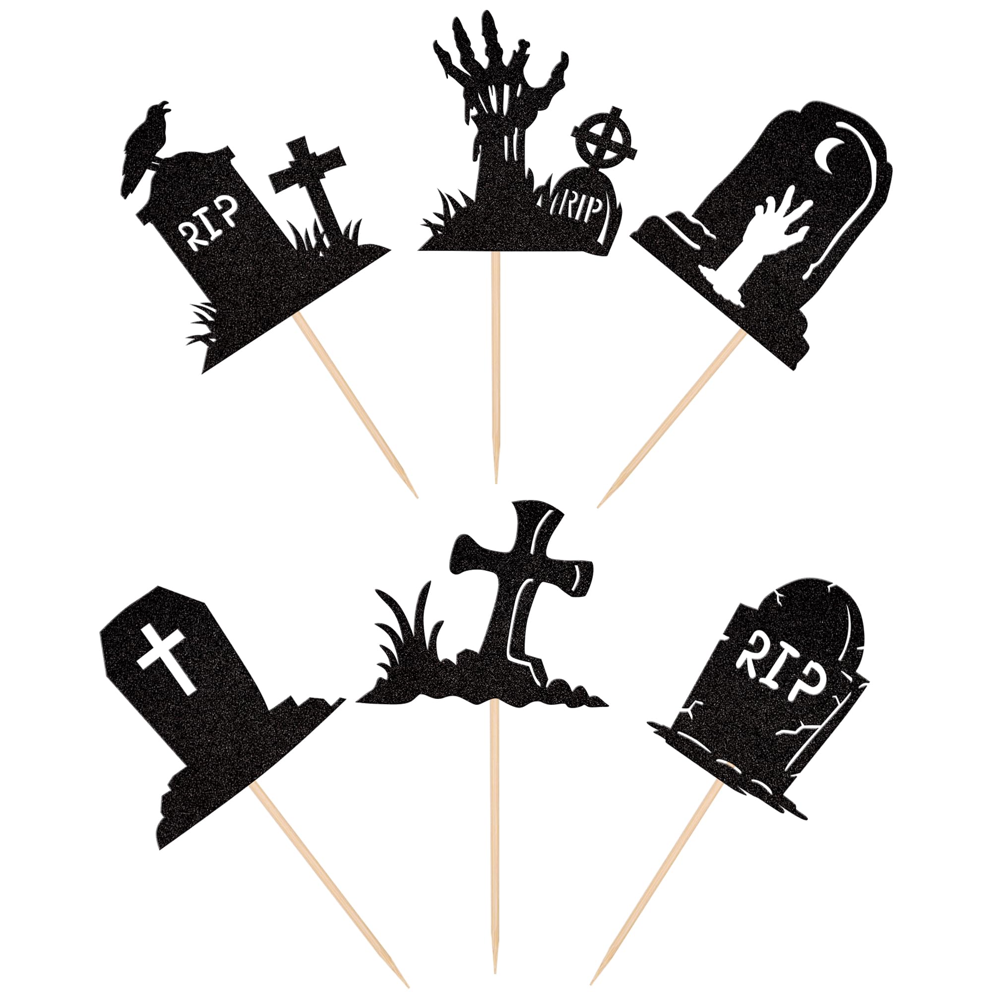 36 PCS Halloween Tombstone Cupcake Toppers Glitter RIP Cemetery Graves Zombie Cross Cupcake Picks for Halloween Theme Birthday Party Cake Decorations Supplies