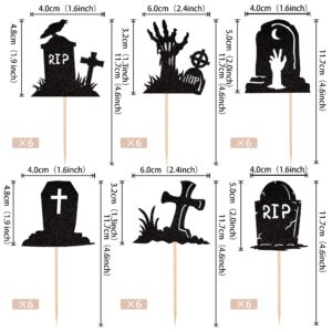 36 PCS Halloween Tombstone Cupcake Toppers Glitter RIP Cemetery Graves Zombie Cross Cupcake Picks for Halloween Theme Birthday Party Cake Decorations Supplies