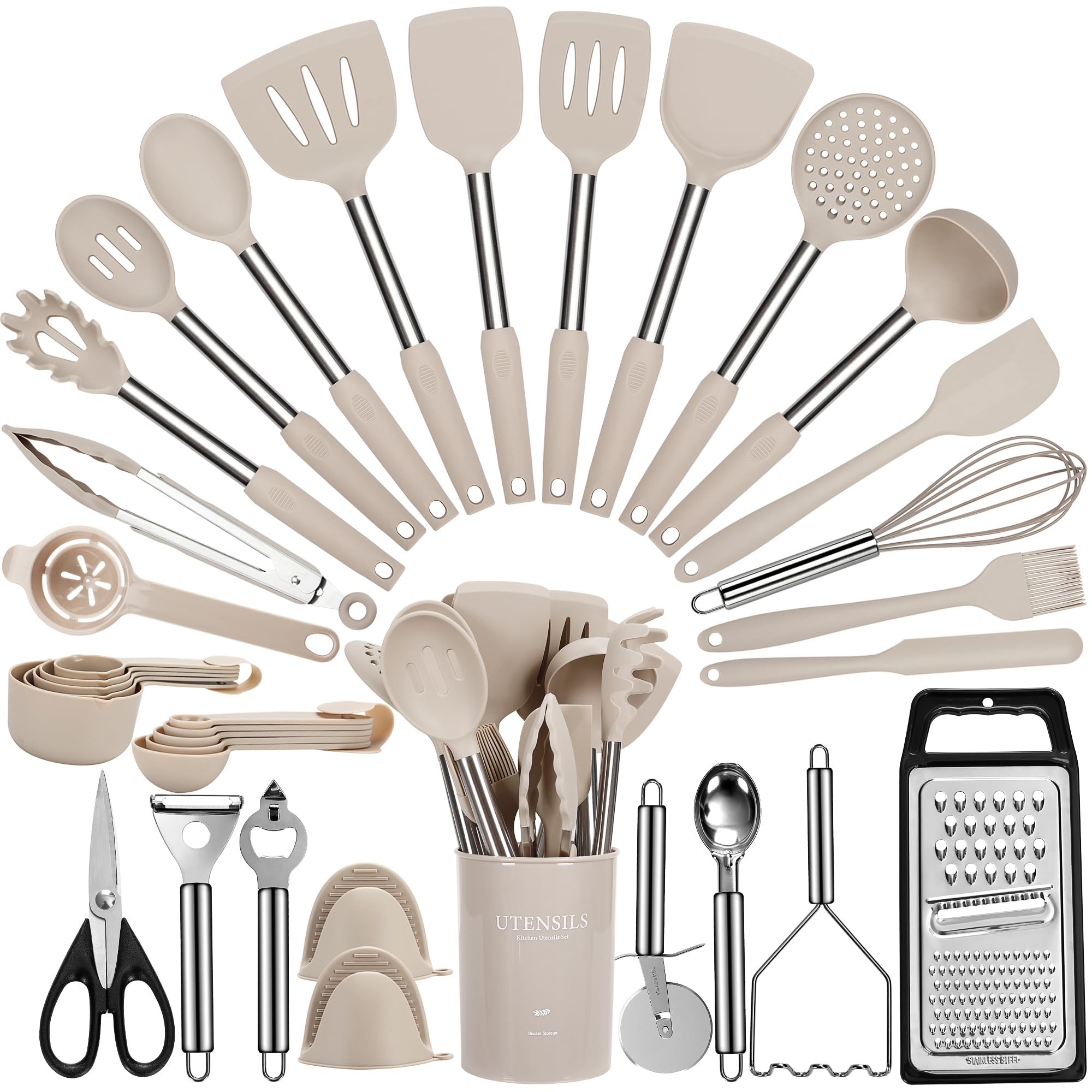 Fyvva Large Cooking Utensils Set, 35 Pcs Spatula Set with Holder, Silicone Kitchen Utensils Set with Stainless Steel Handle, Cheese Grater, Ice Cream Scoop, Pizza Cutter Kitchen Gadgets (Khaki)