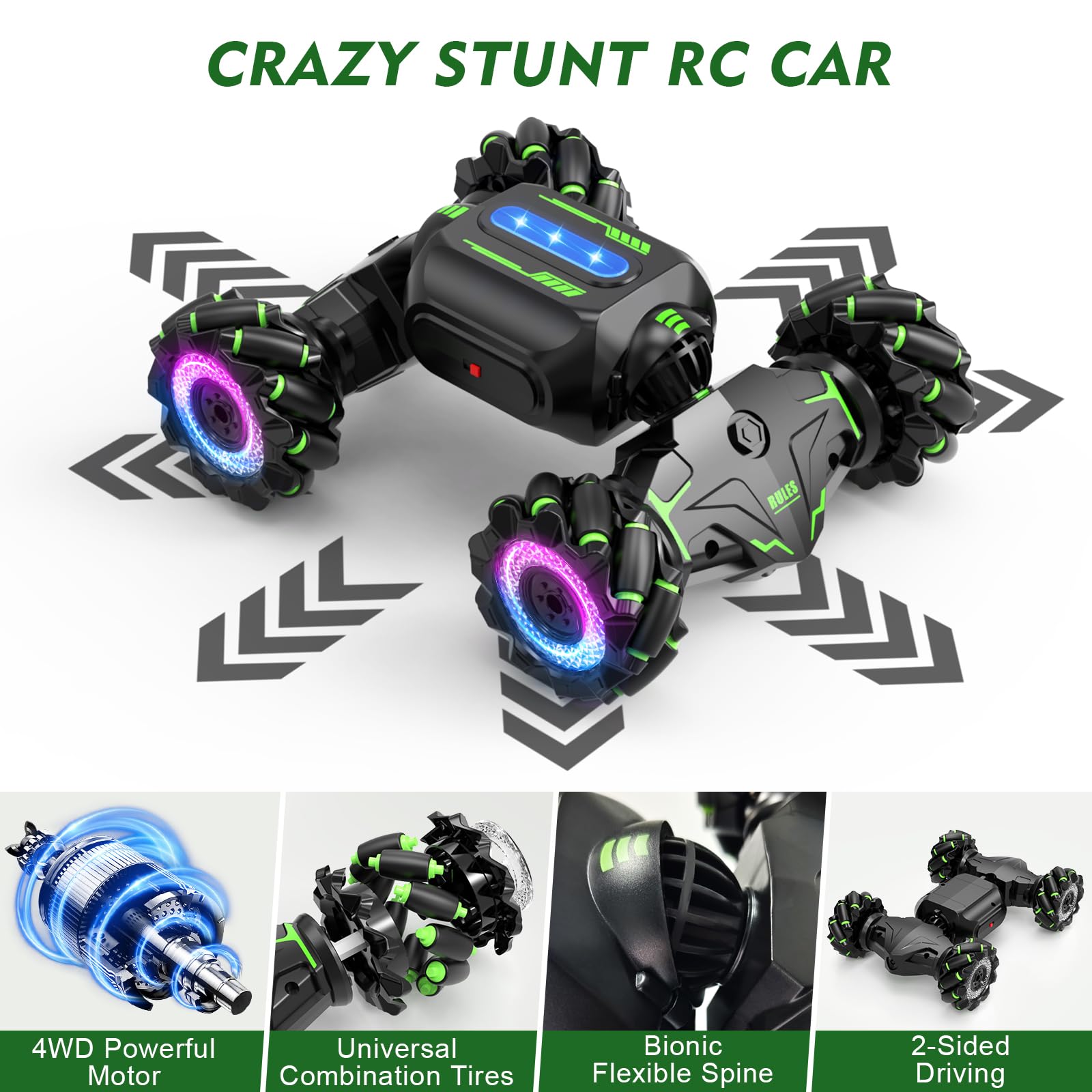 YDHZ Gesture Sensing RC Stunt Car with Light,4WD Remote Control Car for Kids,2.4Ghz Hand Remote Control Truck for Boys Girls Toddlers Adult,Toys for Age 4 5 6 7 8 9 10 11 12(Green)