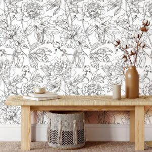 simon&siff floral linear wallpaper black white peel and stick wallpaper sketch flowers 17.3 x 118 removable floral wall paper durable waterproof for bedroom bathroom walls cabinets shelves