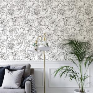 Simon&Siff Floral Linear Wallpaper Black White Peel and Stick Wallpaper Sketch Flowers 17.3 x 118 Removable Floral Wall Paper Durable Waterproof for Bedroom Bathroom Walls Cabinets Shelves