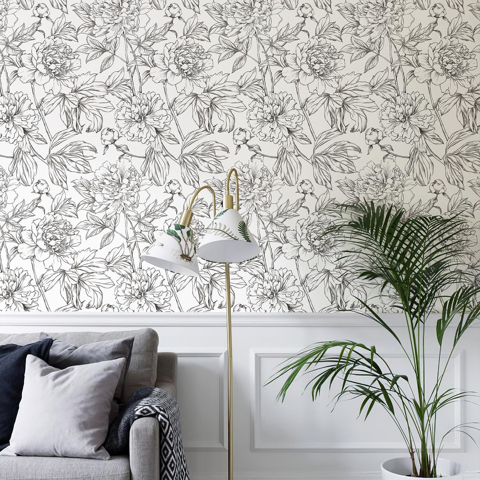 Simon&Siff Floral Linear Wallpaper Black White Peel and Stick Wallpaper Sketch Flowers 17.3 x 118 Removable Floral Wall Paper Durable Waterproof for Bedroom Bathroom Walls Cabinets Shelves