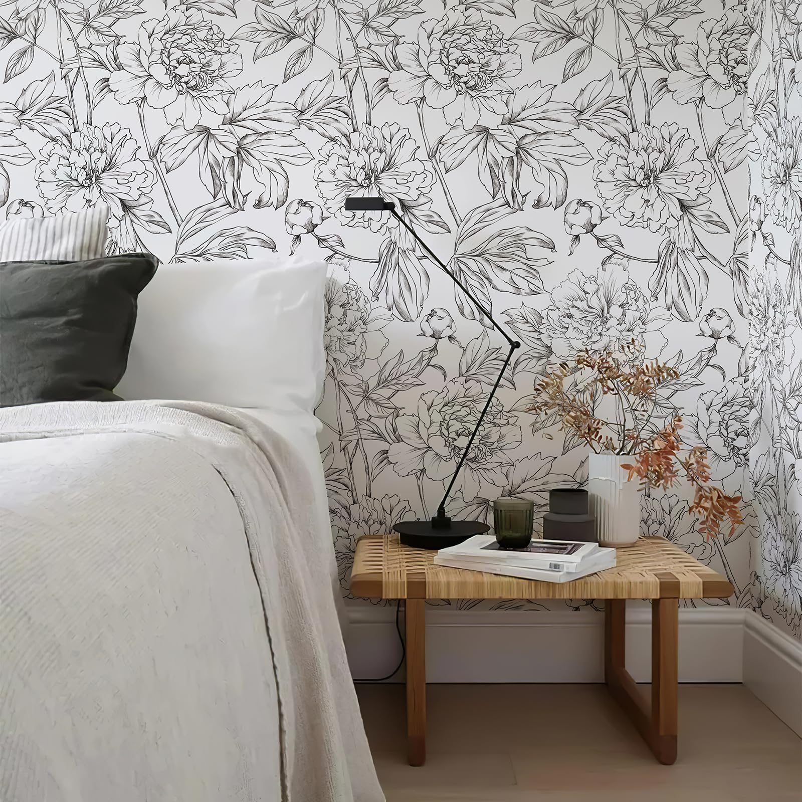 Simon&Siff Floral Linear Wallpaper Black White Peel and Stick Wallpaper Sketch Flowers 17.3 x 118 Removable Floral Wall Paper Durable Waterproof for Bedroom Bathroom Walls Cabinets Shelves