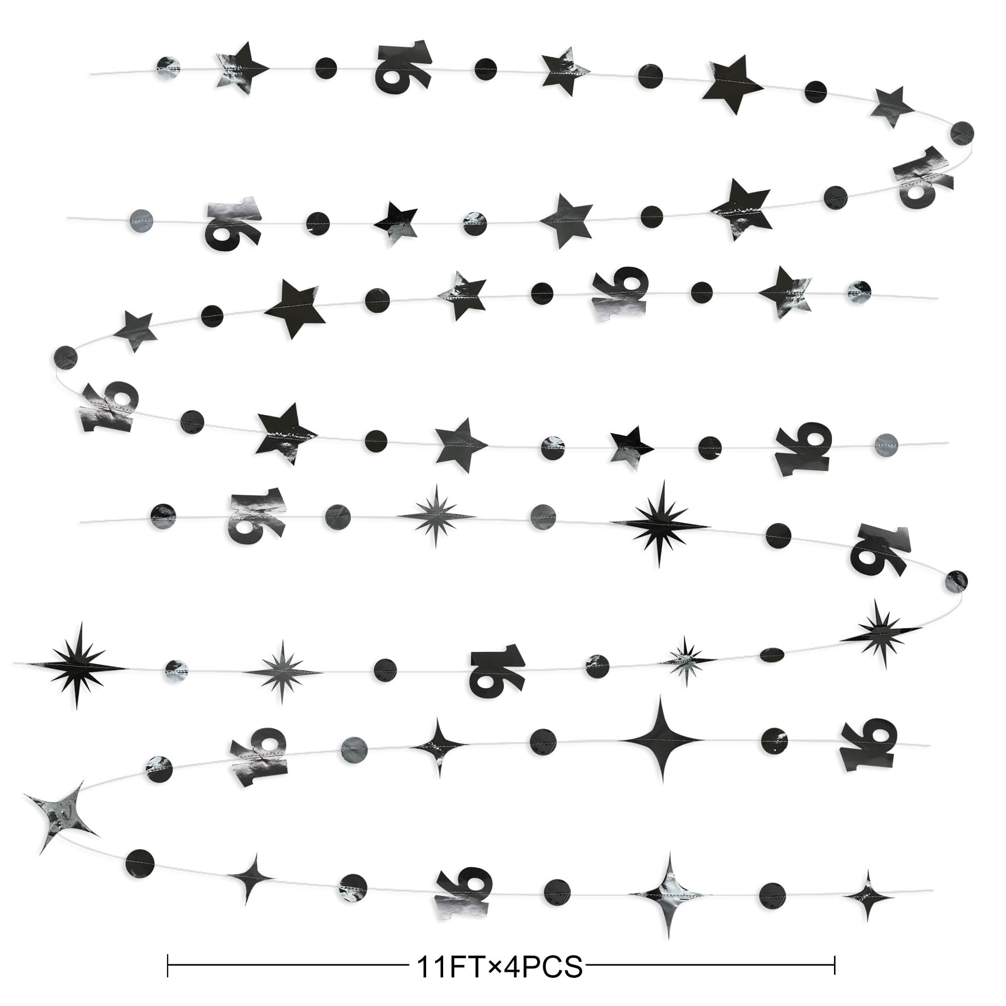 Black Number 16 Circle Dot Twinkle Star Garland Metallic Streamer Bunting Banner Backdrop Decorations for Girls Happy 16th Birthday Sweet Sixteen 16th Anniversary Cheers to 16 Years Party Decor